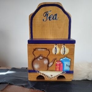 Hand Crafted Natural Wood Tea Box with Blue Accents